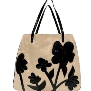 Cream Tote Bag with Black Floral Appliqué - Women